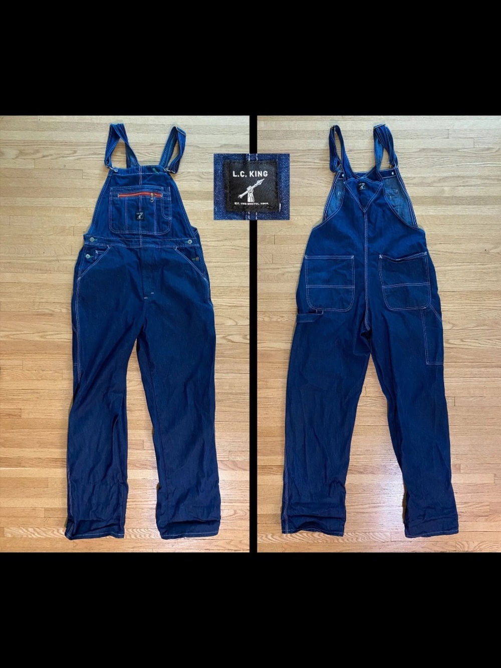 LC King Indigo Denim High Back Bib Overalls - Unwashed 38 36 Workwear Red Zip